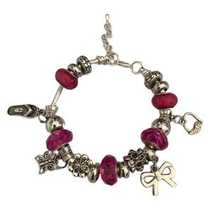 925 Sterling Silver Charm Bracelet Millefiori Glass Austrian Crystal Pink